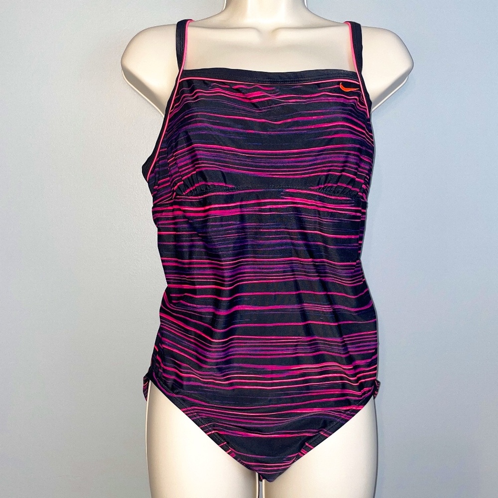 EUC Nike Racerback Black Hot Pink Striped One Piece Swimsuit Size 14